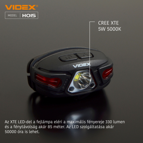 Videx LED Fejlámpa, natúrfehér újratölthető akkumulátorral H015