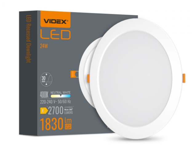 Videx 24 W-os süllyesztett natúr fehér, kör alakú LED-es mennyezetlámpa 