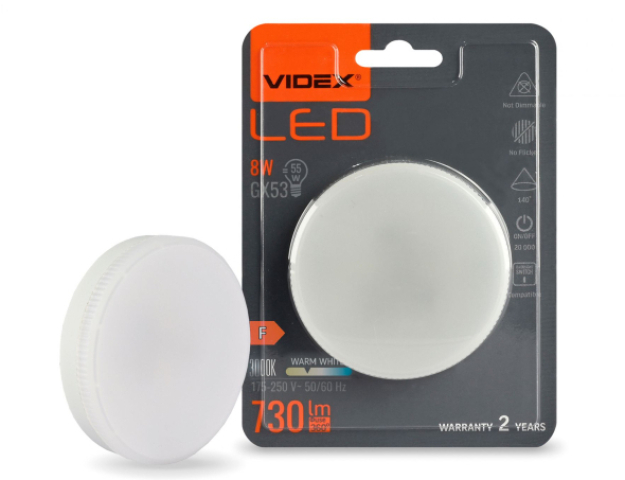 Videx GX53-as foglalatú, 8W, meleg fehér izzó 